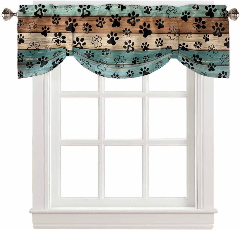 RisQiten Dog Paw Print Tie Up Valance Curtains for Windows, Teal Brown Beige Wooden Kitchen Curtains Window Treatments, Farmhouse Short Window Shades Valances for Bedroom Bathroom Cafe 54"x18" - Image 1